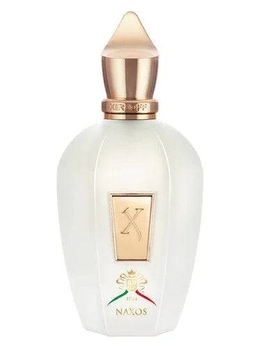 Luxury Naxos perfume bottle with gold cap and white body, elegant designer fragrance