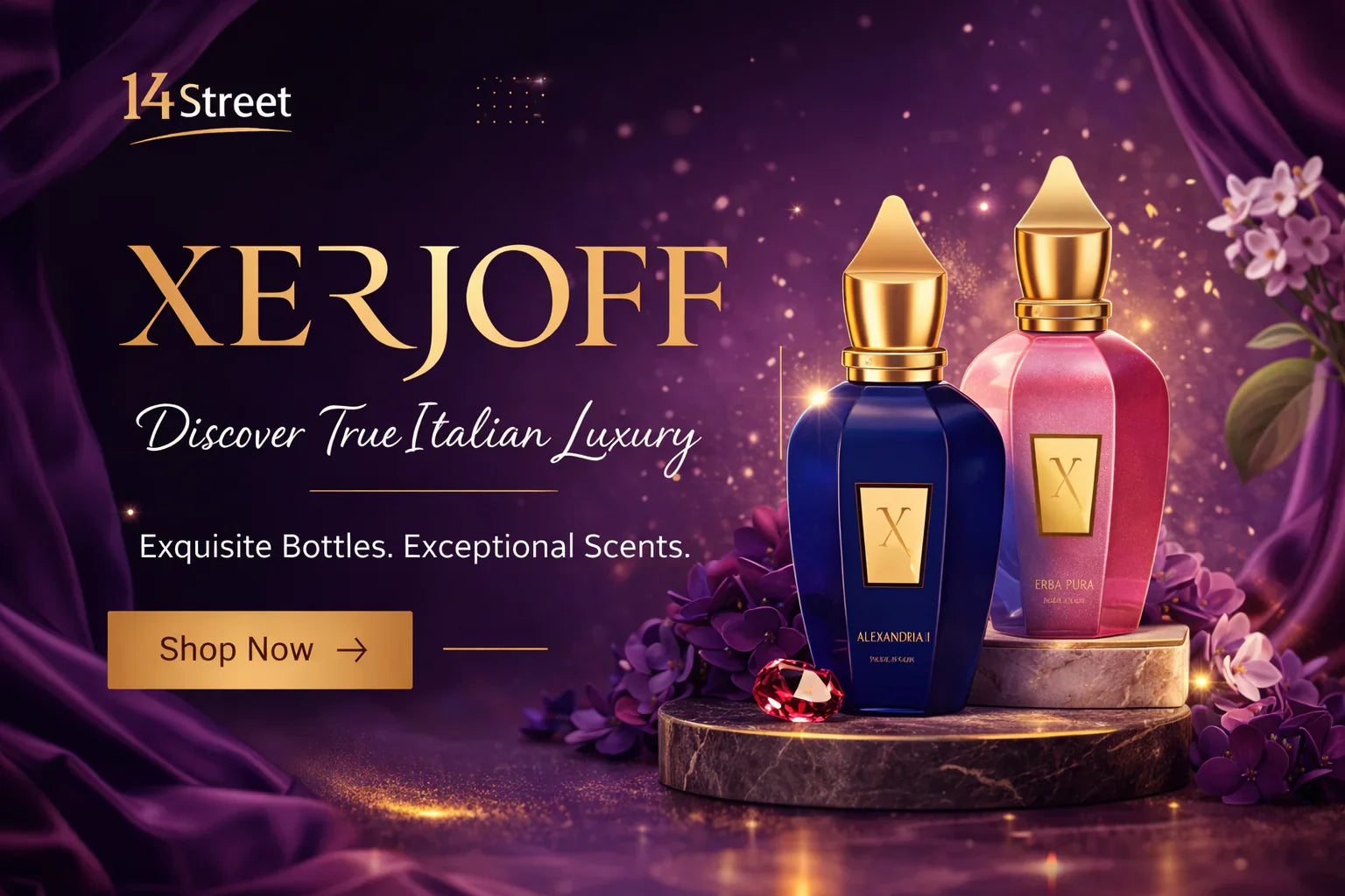 Luxury Xerjoff perfume bottles in blue and pink on marble with gold caps and floral decor