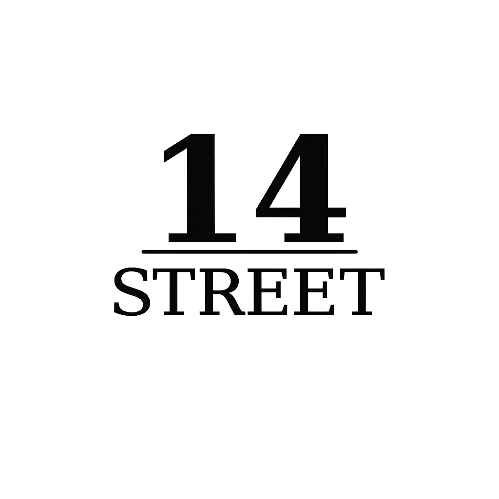 Minimalist black logo with number 14 above the word STREET on a gray gradient background