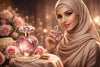 Elegant woman in a gold hijab holding a pink perfume bottle, surrounded by roses and pearls.