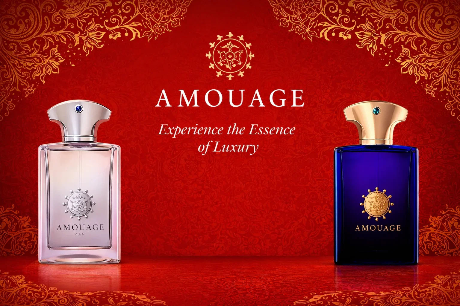 Two luxury Amouage perfume bottles on an ornate red background, designer fragrance display