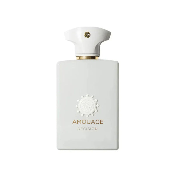 White Amouage Decision unisex perfume bottle with gold accents, 100ml